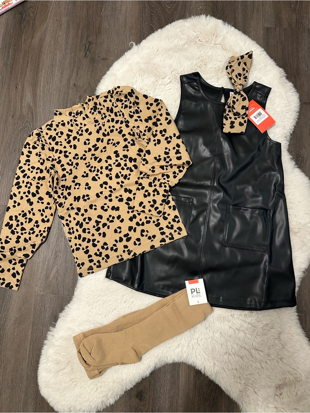 Faux Leather Pinafore Dress with Leopard Top and Tan Socks